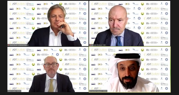 Speakers at today’s JGT Dubai online press conference (clockwise from top left): David Bondi, Senior Vice President of Informa Markets in Asia; Corrado Peraboni, Chief Executive Officer of IEG; Ahmed Bin Sulayem, Executive Chairman and Chief Executive Officer of DMCC, and Martin Leake (Master of Ceremony), Special Adviser of DMCC