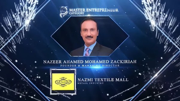 Nazeer Ahmed Mohamed Zakariah, Founder and Managing Director of Nazmi Textile Mall honoured for Master Entrepreneur Award at the Asia Pacific Enterprise Awards 2021 Regional Edition