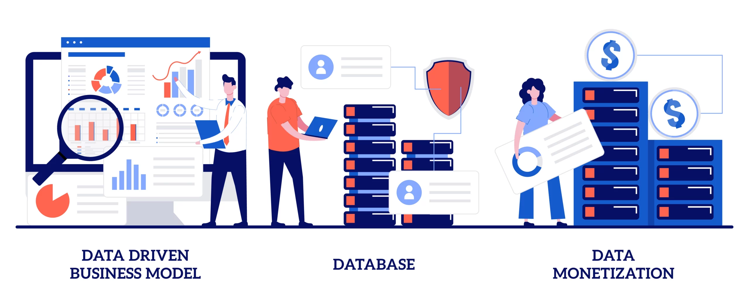 Data driven property management, database, data monetization concept with tiny people. Data business strategy vector illustration set. Decision making, information storage, analysis service metaphor.