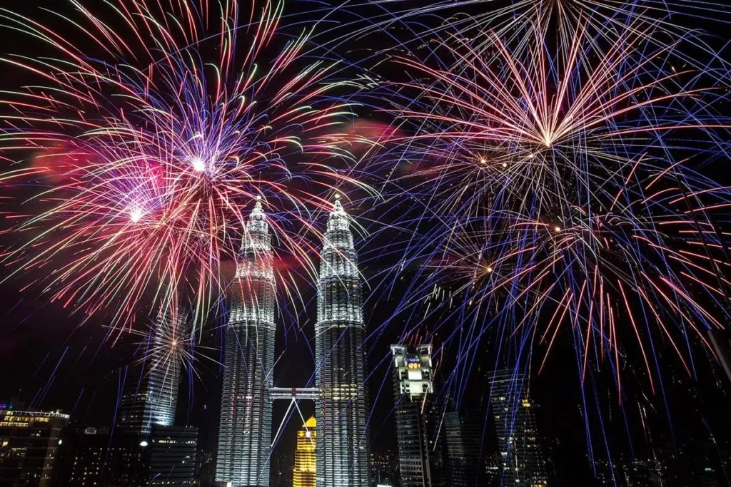 Petronas Towers with fireworks on New Year's Eve